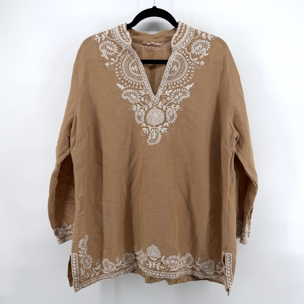 Soft Surroundings Tunic Top Embroidered Linen Blend XL Tan Womens Boho Blouse